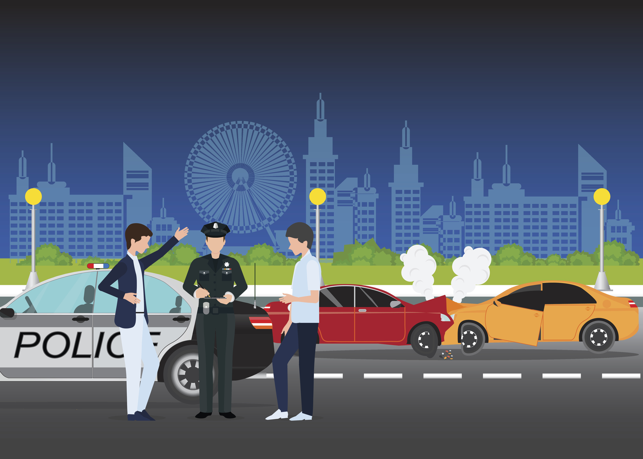 Car Crash Or Auto Accident Involving Two Cars On A City Street Night Scene Background, Traffic Policeman In Car Accident Scene And Two Drivers Arguing After Traffic Collision, Flat Design Vector Illustration.